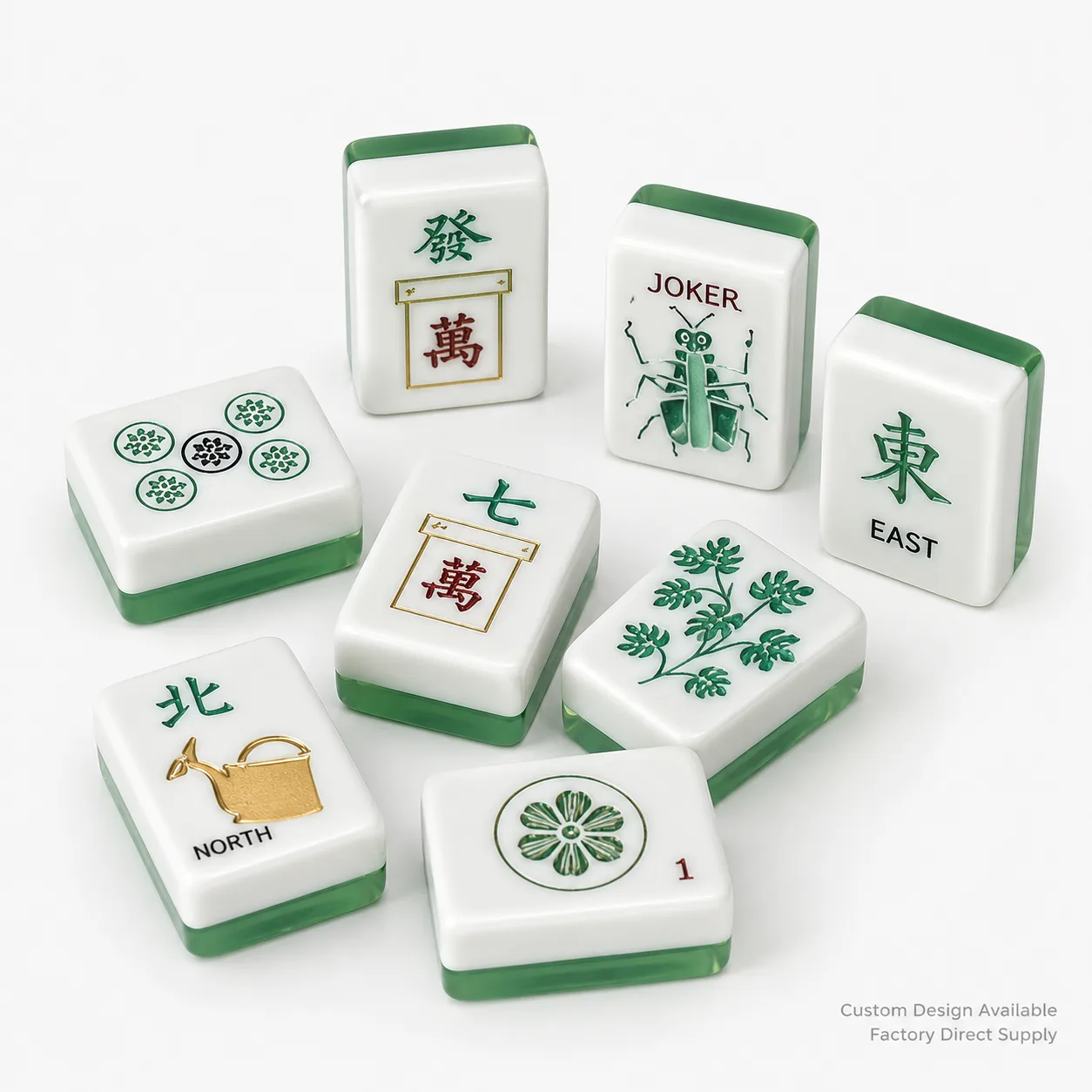 Premium Foldable Portable Jade Green Milky White Acrylic American Mahjong Set Hand-Carved Botanical Insect Pattern 160 Tiles