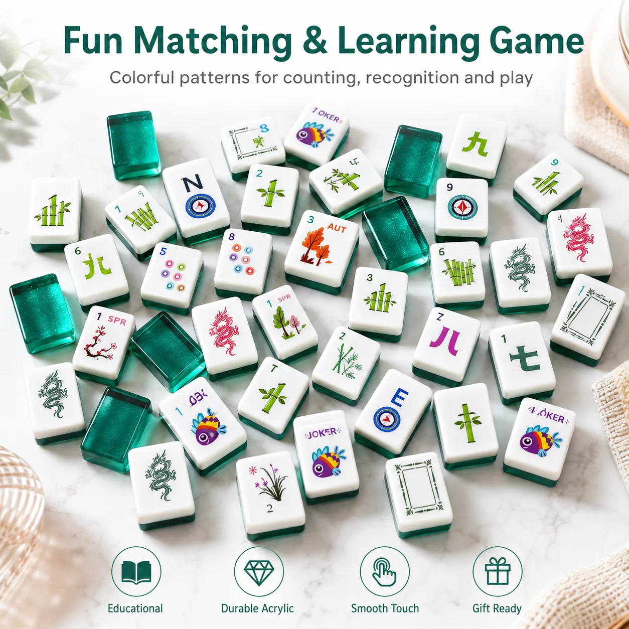 160 Pcs Green Acrylic Luxury American Mahjong Tiles Support Custom Image Smooth Surface for Family Party Entertainment