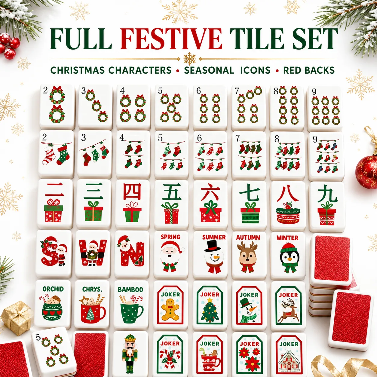 Luxury Christmas American Mahjong Set Double Layer Red Back Melamine Tiles Festive Xmas Pattern Family Holiday Table Game Gift