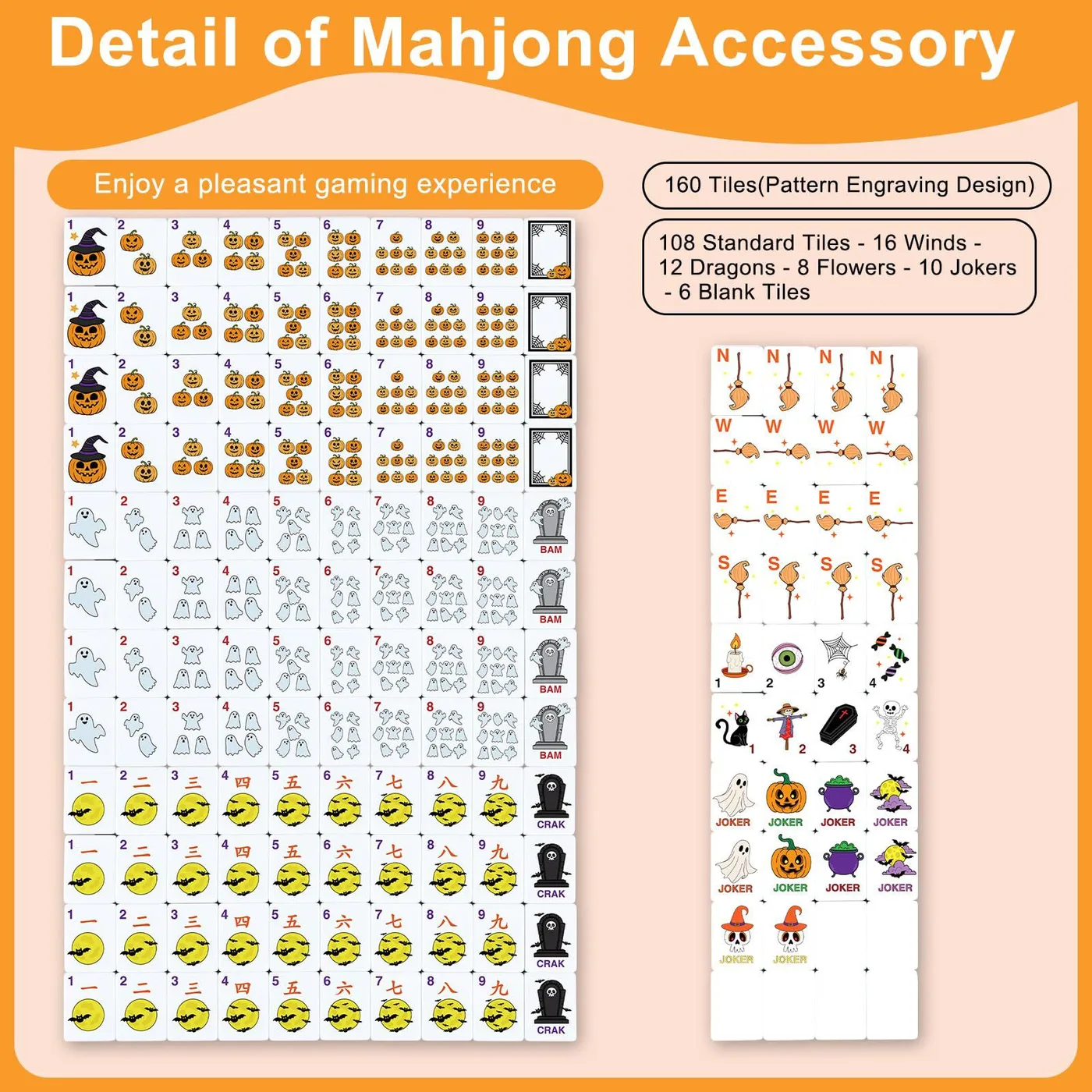 160Pcs American Mahjong Set, Acrylic Halloween Pum detail
