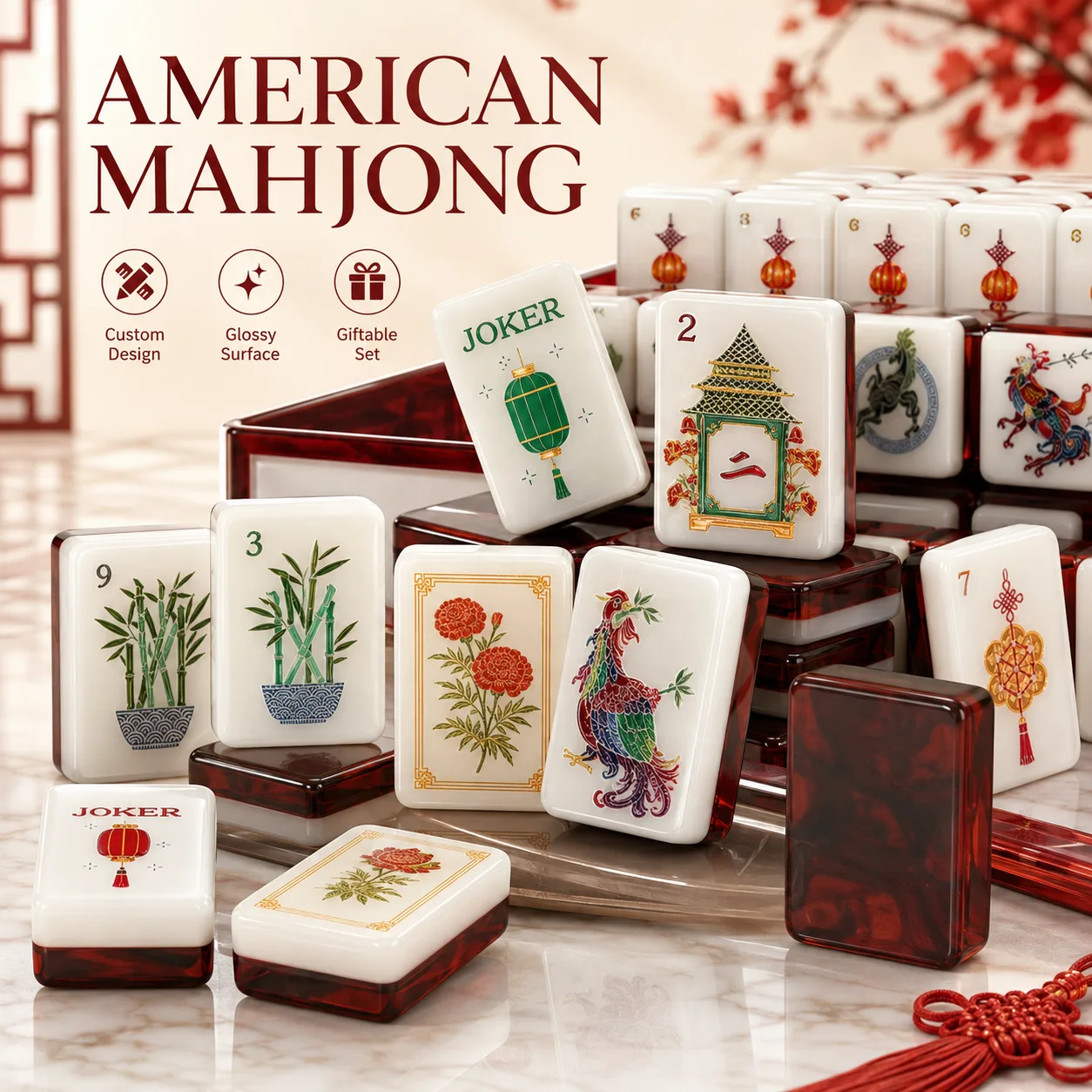 Hot Selling Luxury Red Fire Wealth Engraved Acrylic Mahjong Tiles 4-Player Complete Board Game Set Portable Entertainment