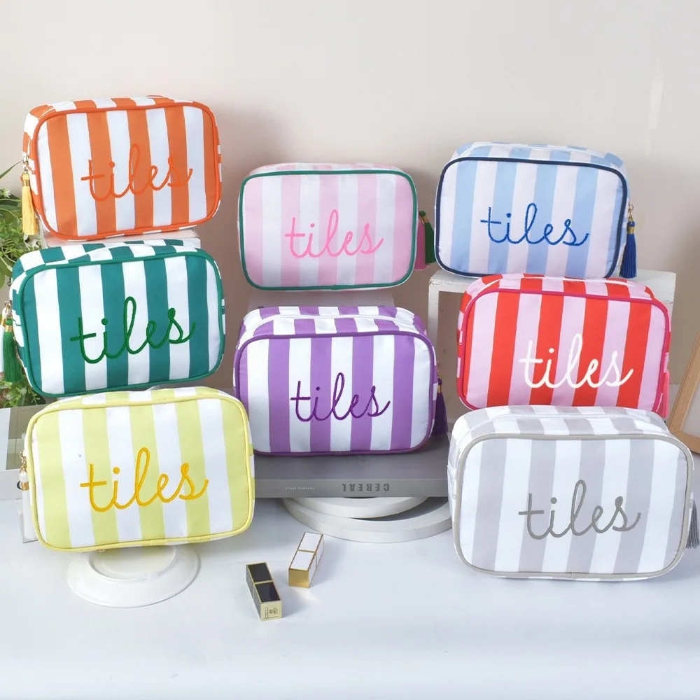 Wholesale Embroidered Striped Canvas Mahjong Storage Bag Zippered Tile Organizer Pouch Tassel Travel Case Large Capacity
