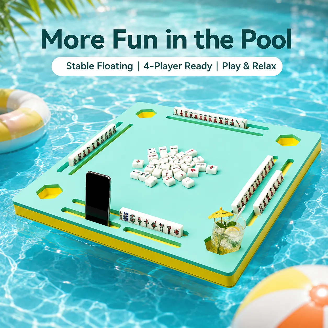 Custom Floating Mahjong Table for Swimming Pool - Double-Sided Floating Mat with Mahjong & Poker Card Playing Surfaces