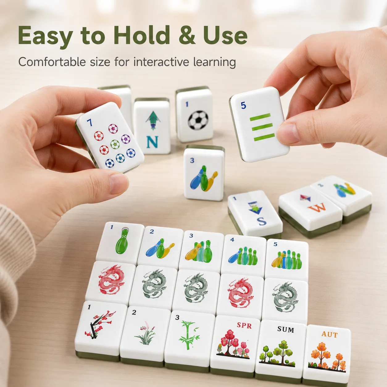 White Green Border Cartoon Themed Acrylic Mahjong Tiles Set Indoor Children's Durable Four Season Joker Pattern Table Game