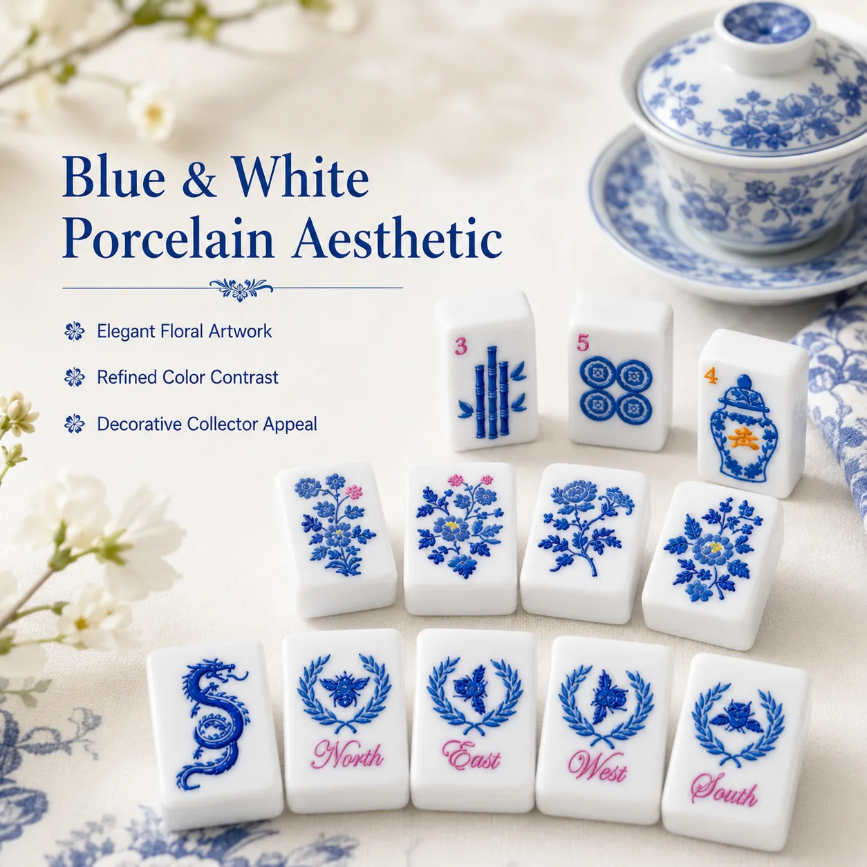 Blue White Luxury Modern American Mahjong Set Orie detail