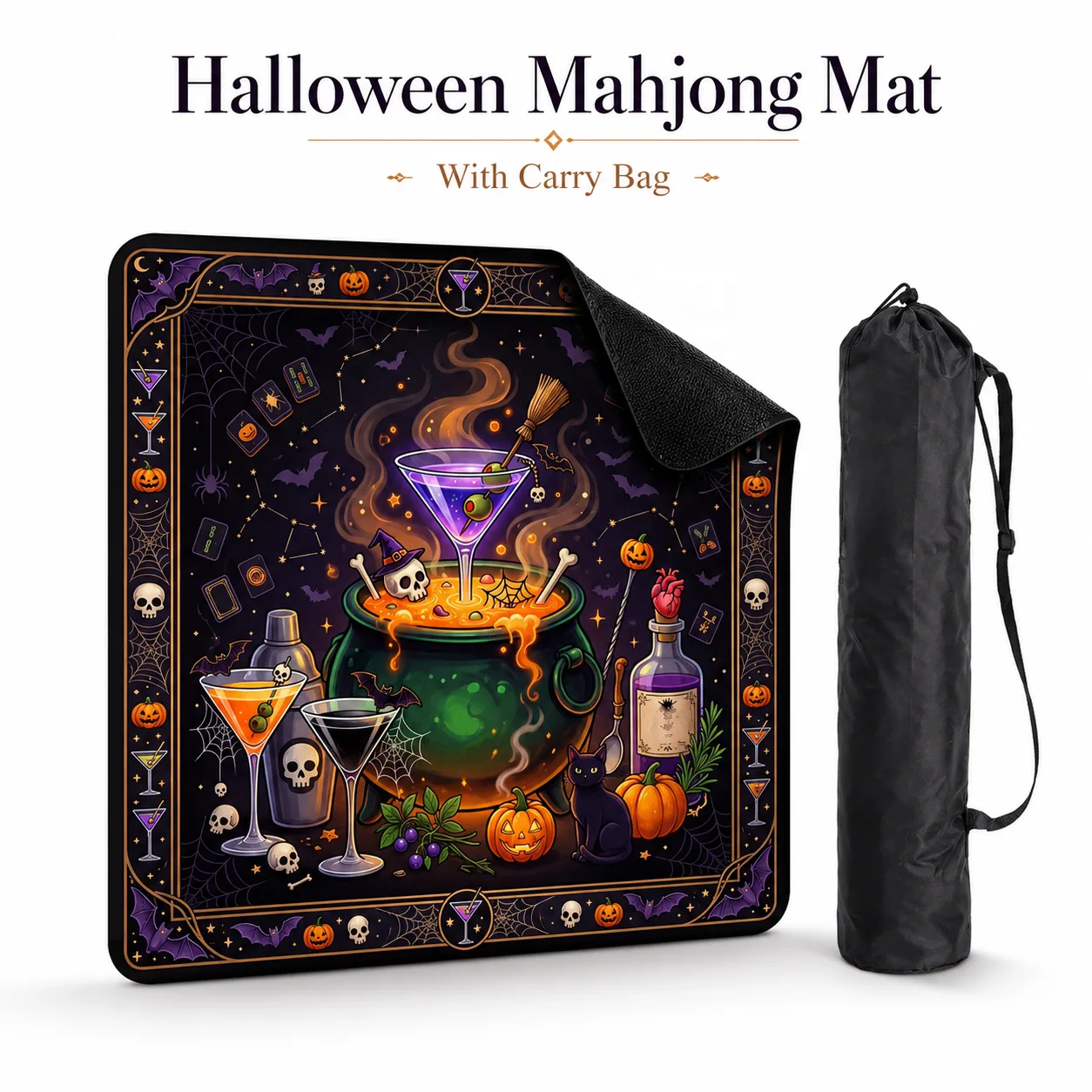Halloween Carousel Ghost & Pumpkin Game Mat, Purple Orange Skull Bat Design, Non-Slip Play Mat for Party Game Night | Gift