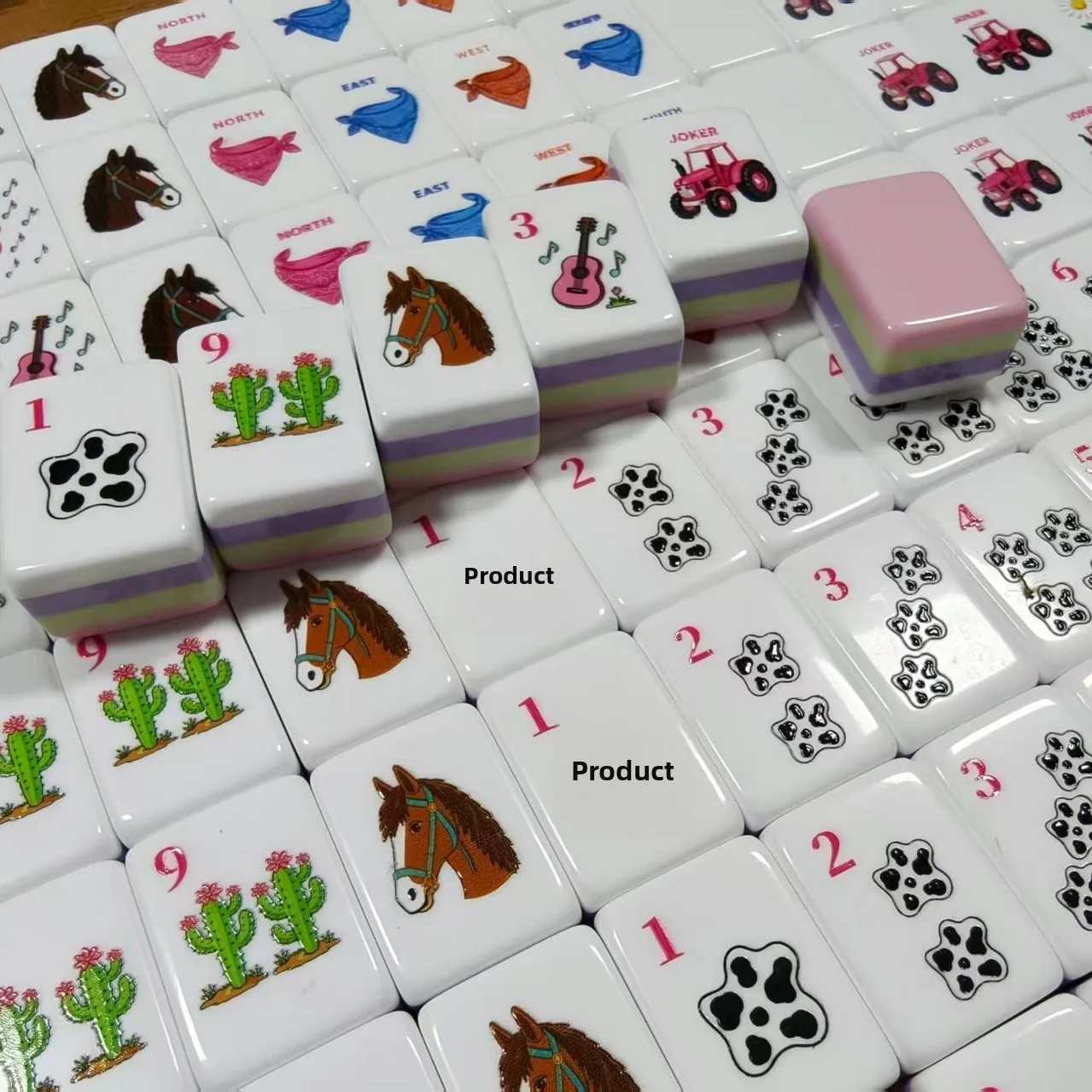 Cute Western Cowgirl Mahjong Set Pink Cactus Horse detail