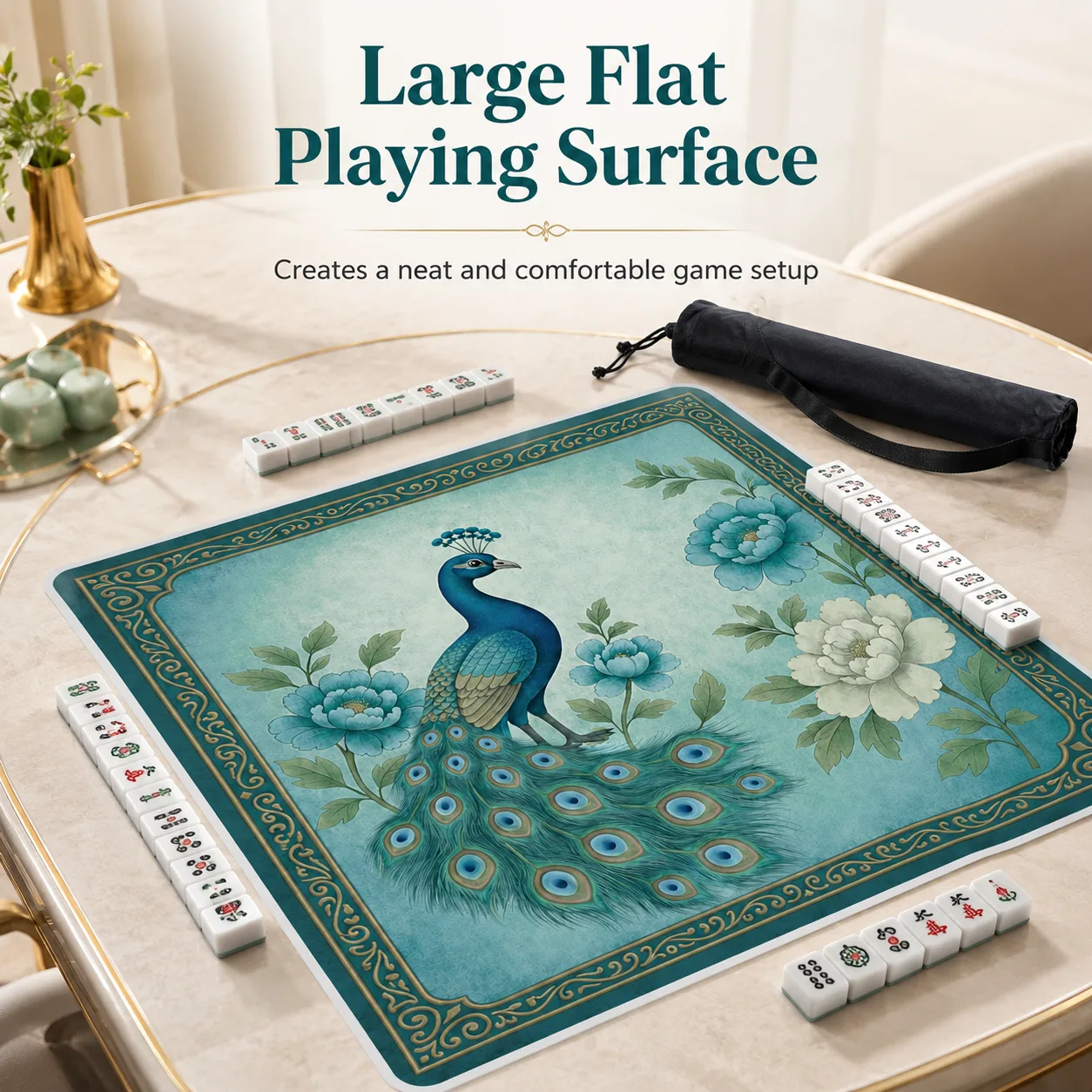 Modern Luxury Floral Peacock Mahjong Table Mat Non detail