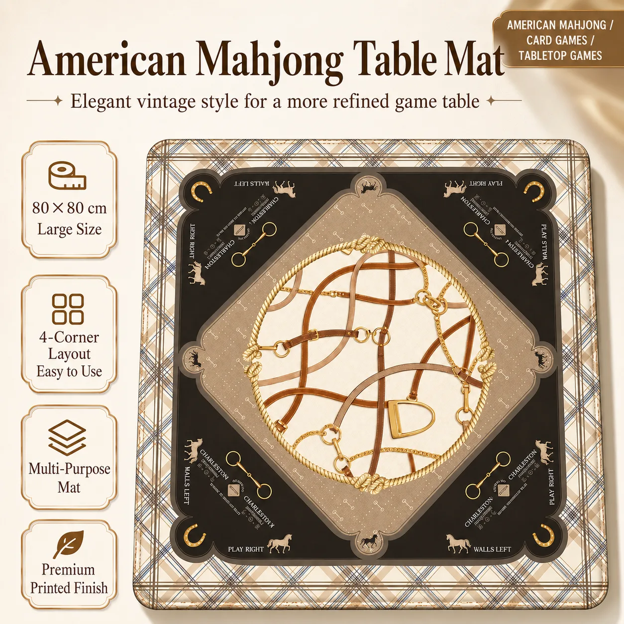 Preppy Style Equestrian Mahjong Mat 31.5" Luxury Soft Fabric Table Game Mat Gold Bit Rope Pattern Noise Absorption Play Mahjong