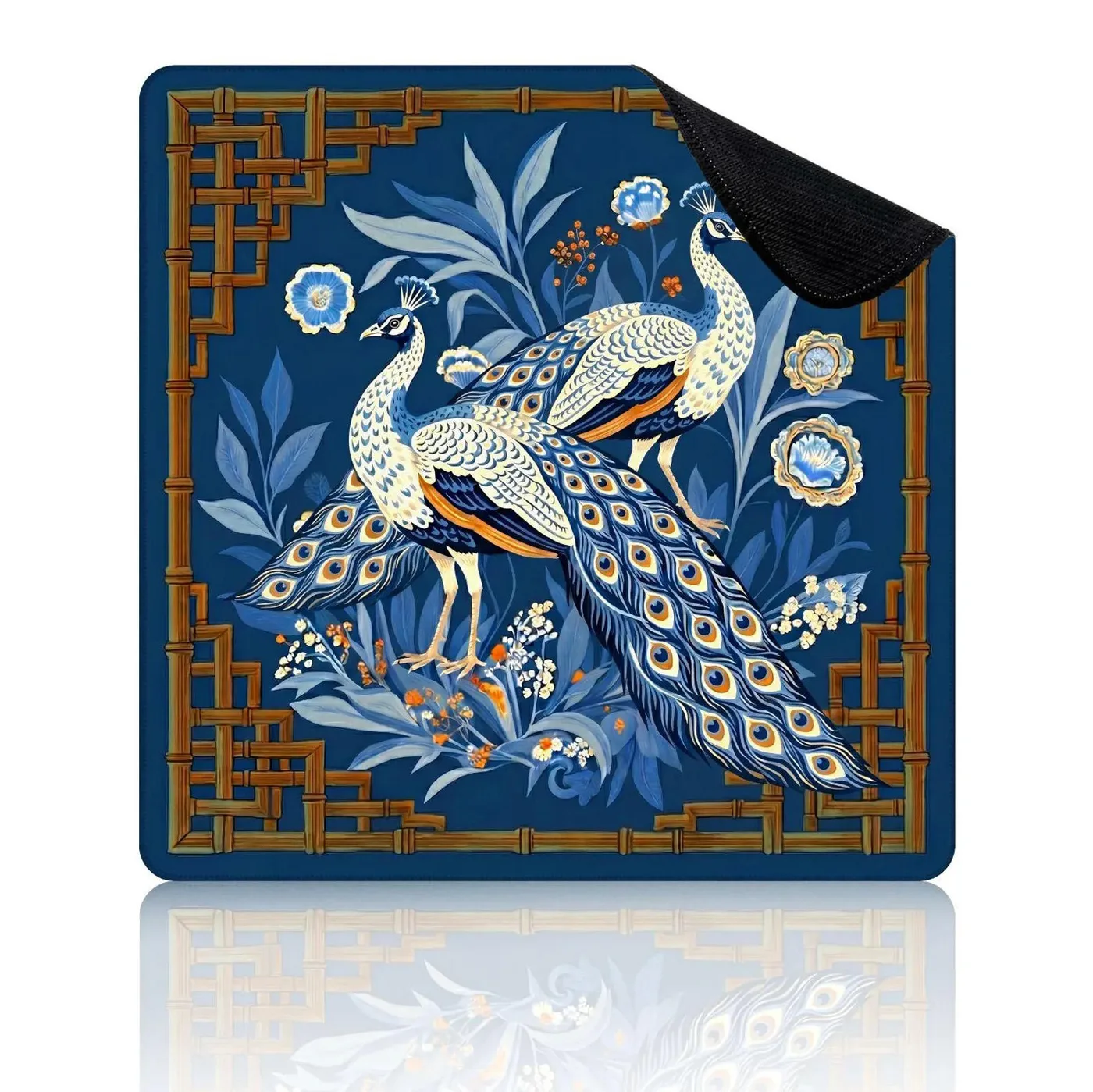 Vintage Blue Peacock Floral Printed Rubber Mahjong Table Pad Chinese Lattice Border Foldable Non-Slip Noise Reduction Mat
