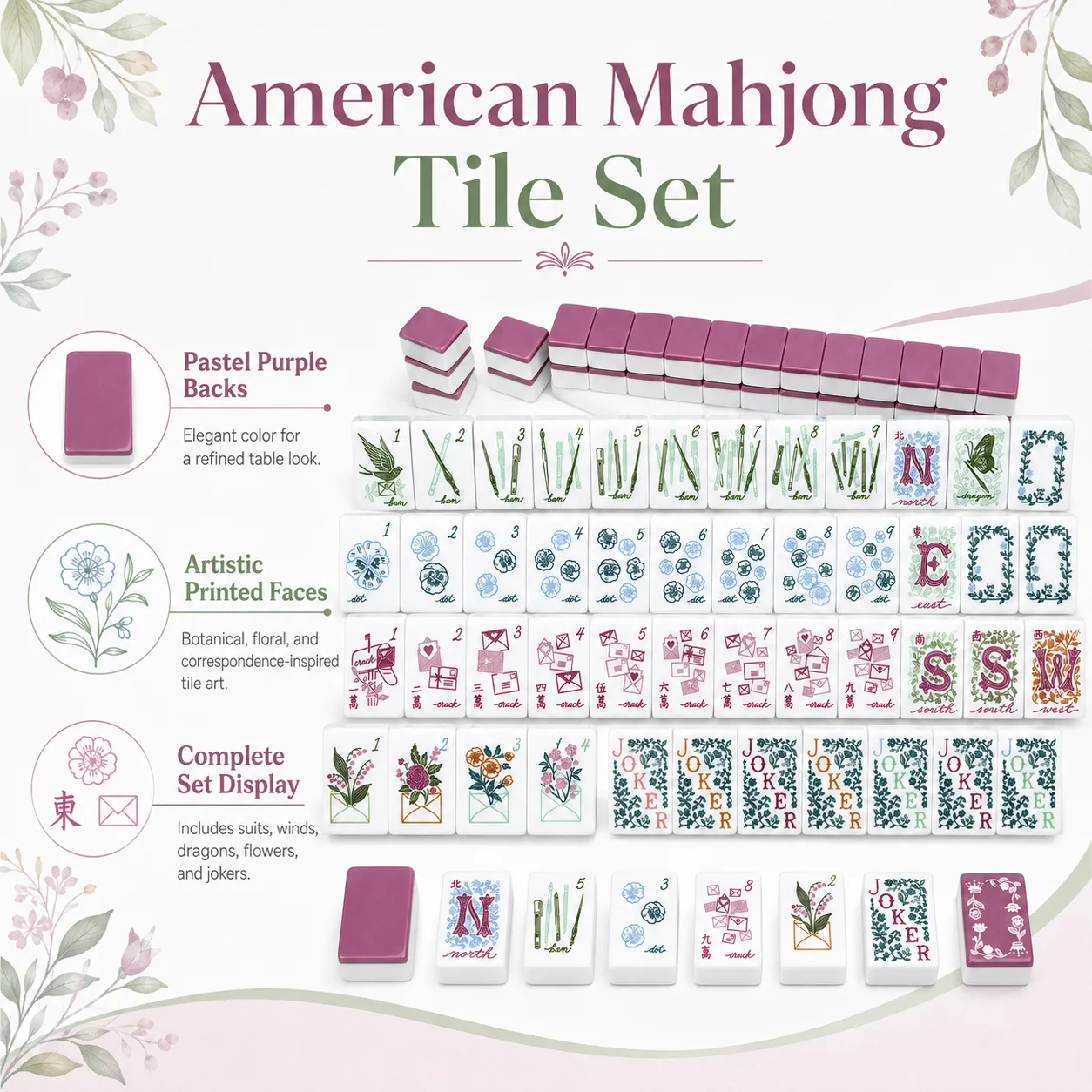 Vintage Letter Floral Printed Luxury Modern Portable Mahjong Set for 4 Players Custom Surface Art Indoor Leisure Table Game Kit