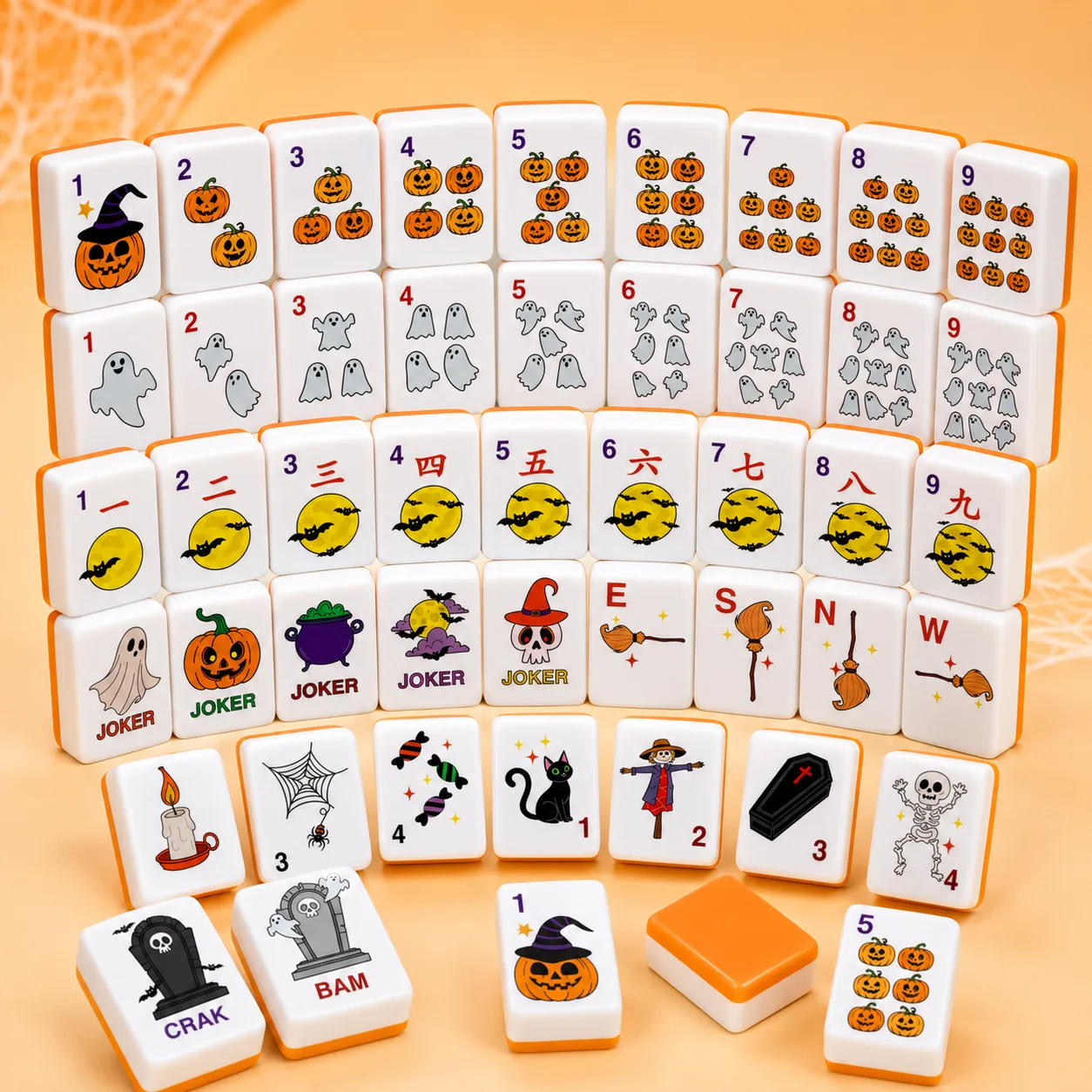 160Pcs American Mahjong Set, Acrylic Halloween Pumpkin Ghost Design, Witch Skull & Black Cat Art, Full Set for Game Night | Gift