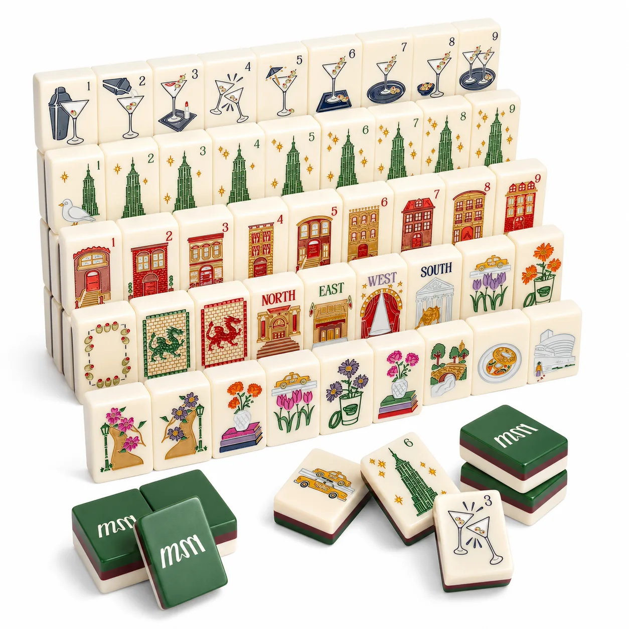 New York City Urban Life Themed Modern Luxury Printed Acrylic 4-Player American Mahjong Set Custom Cityscape Graphic Indoor