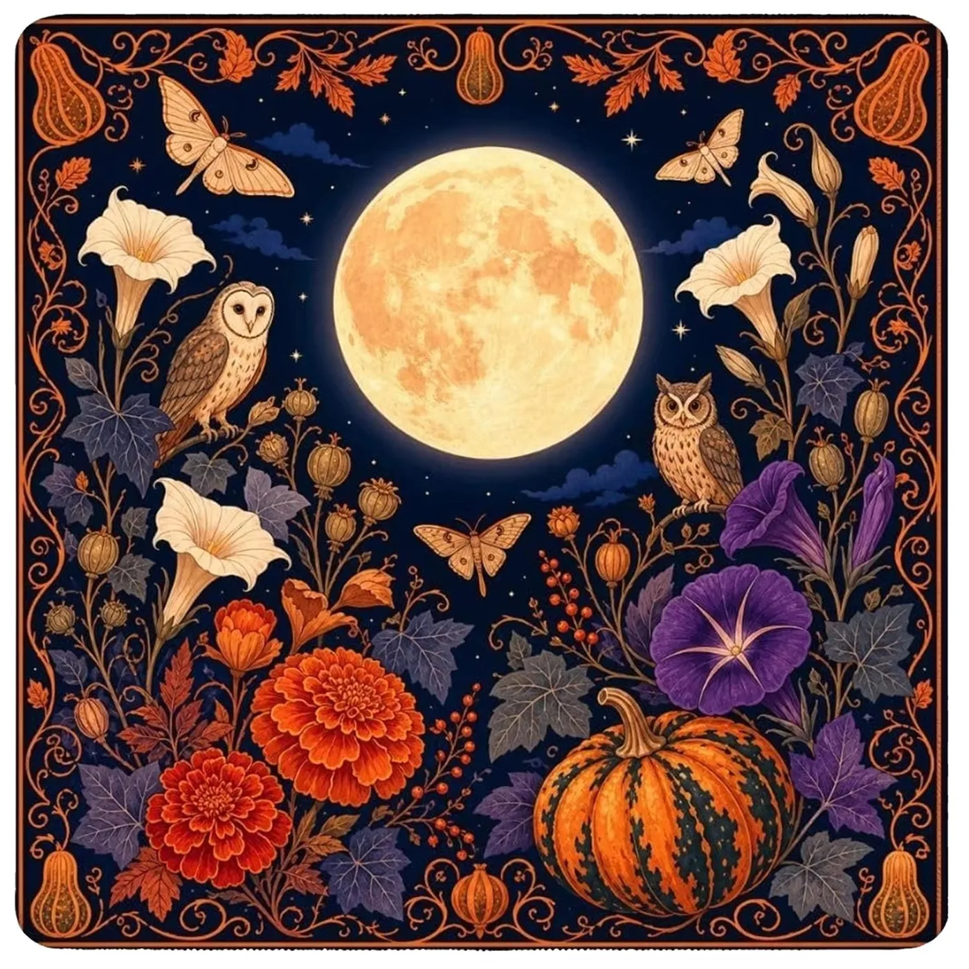 Halloween Harvest Moon Owl Luxury Modern Mahjong Game Mat Pumpkin Moth Floral Autumn Design Non-Slip Play Mat for Entertainment