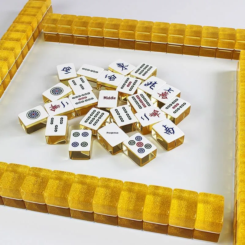 Traditional Chinese Mahjong Set Gold Foil Edge Acrylic Tiles Luxury Game Premium for Adults