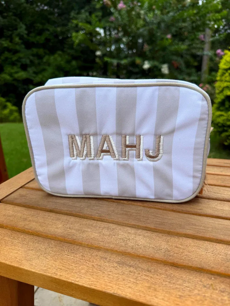 Mahjong Striped Canvas Cosmetic Bag Embroidered MA detail