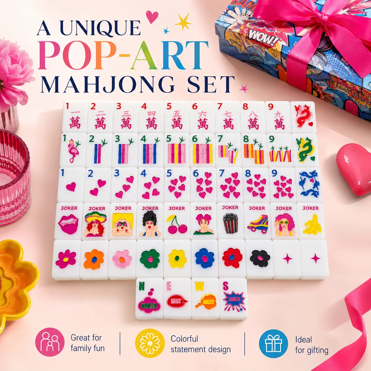 Modern Pop Art Glam Lady Printed American Mahjong Set Custom Bright Cartoon Graphic Portable Indoor 4 Players Girls Game Night