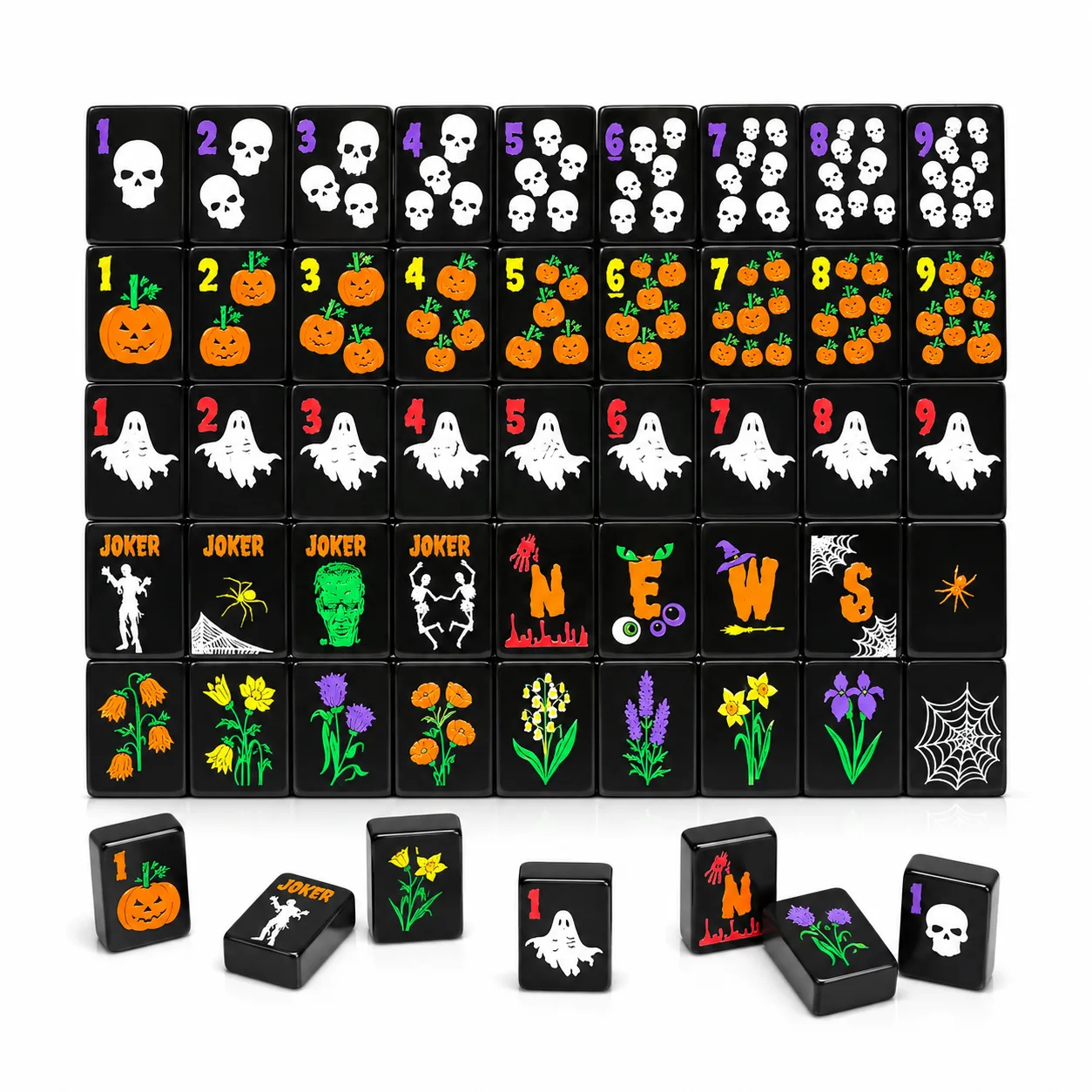 Custom 160-Piece American Mahjong, Acrylic Halloween Tiles with Skull Pumpkin & Ghost, Black Edge, OEM ODM Complete Set