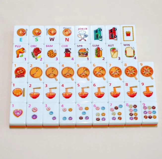 OEM Custom Luxury Modern Western Food Themed American Mahjong Tiles 160pcs Cartoon Pizza Noodle Burger Print Acrylic Mahjong