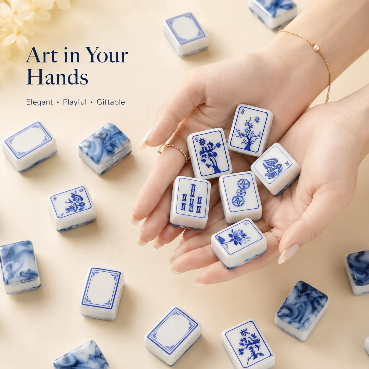 Traditional Chinese Luxury Blue White Melamine Mahjong Set Household Collectible Entertainment Game