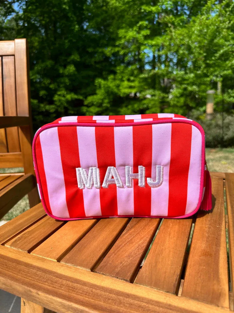 Mahjong Striped Canvas Cosmetic Bag Embroidered MA detail