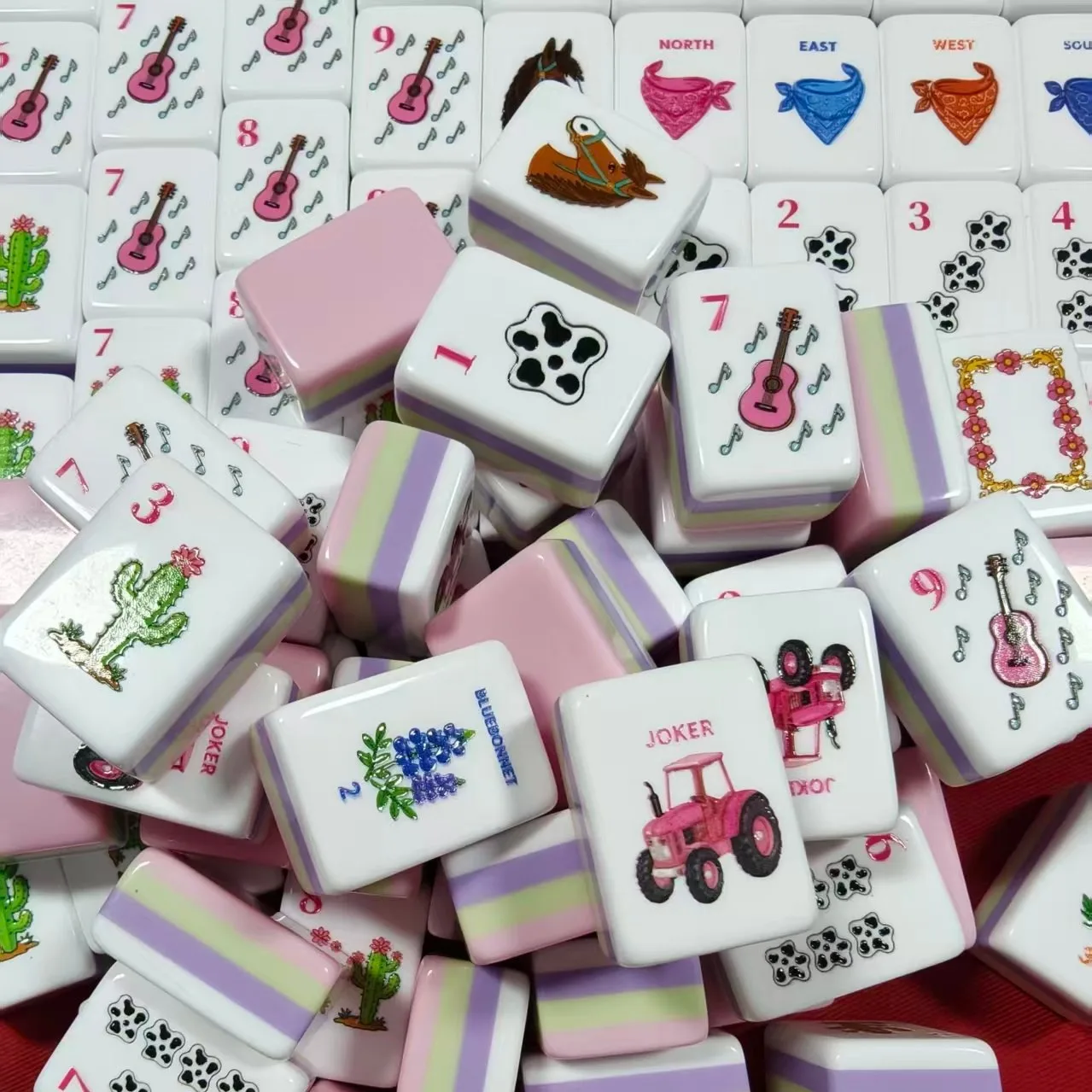 Cute Western Cowgirl Mahjong Set Pink Cactus Horse Guitar American Country Ranch Style 160-Piece for Adults