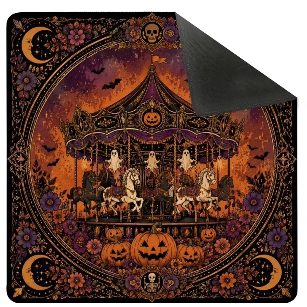 Halloween Witch Cauldron & Mahjong Game Mat Foldable Skull Cat Pumpkin Spider Web Design Non-Slip Play Mat Carry Bag | Gift