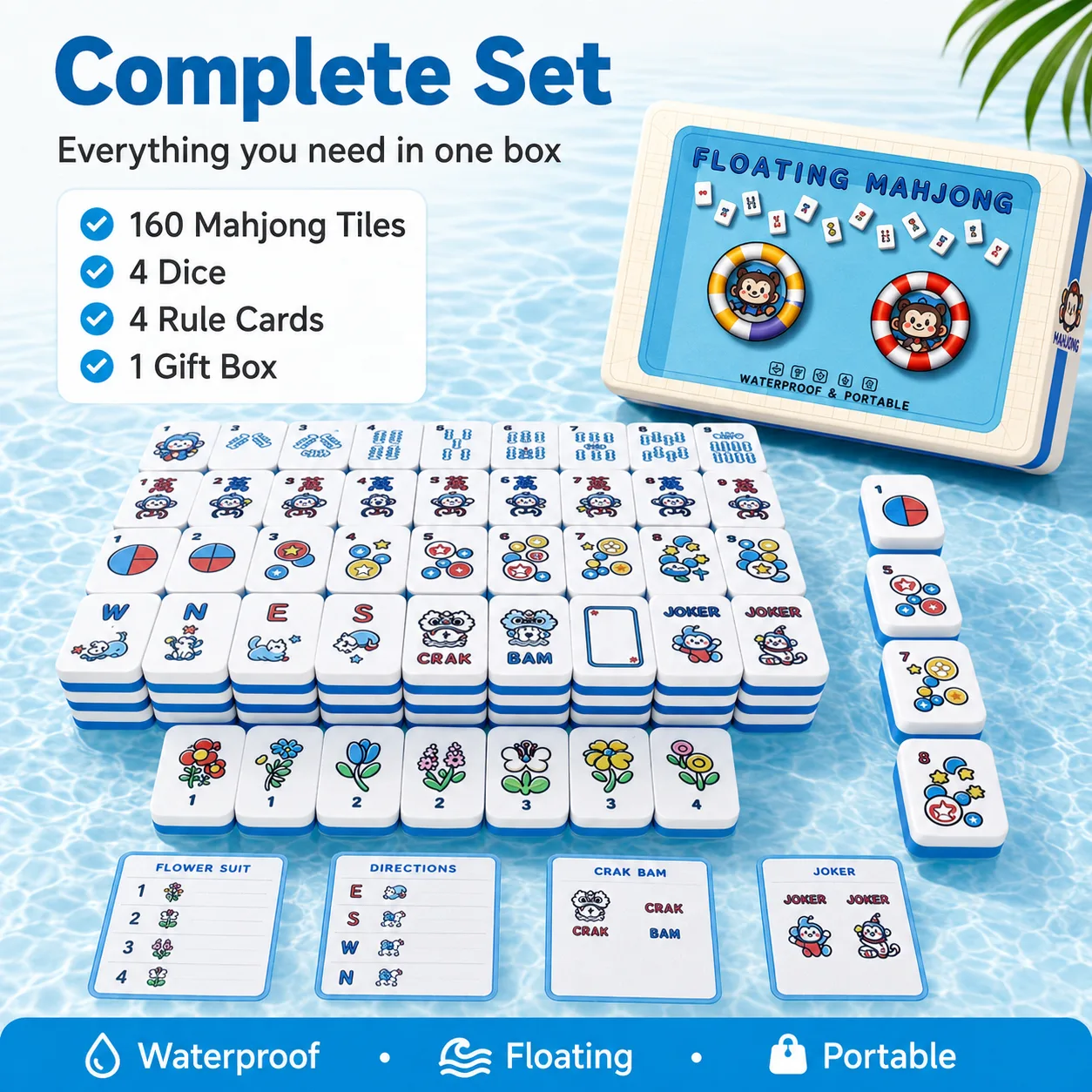 Luxury Modern Floating EVA Foam American Mahjong Set 4 Players Durable Portable Mahjong Tiles for Swimming Pools