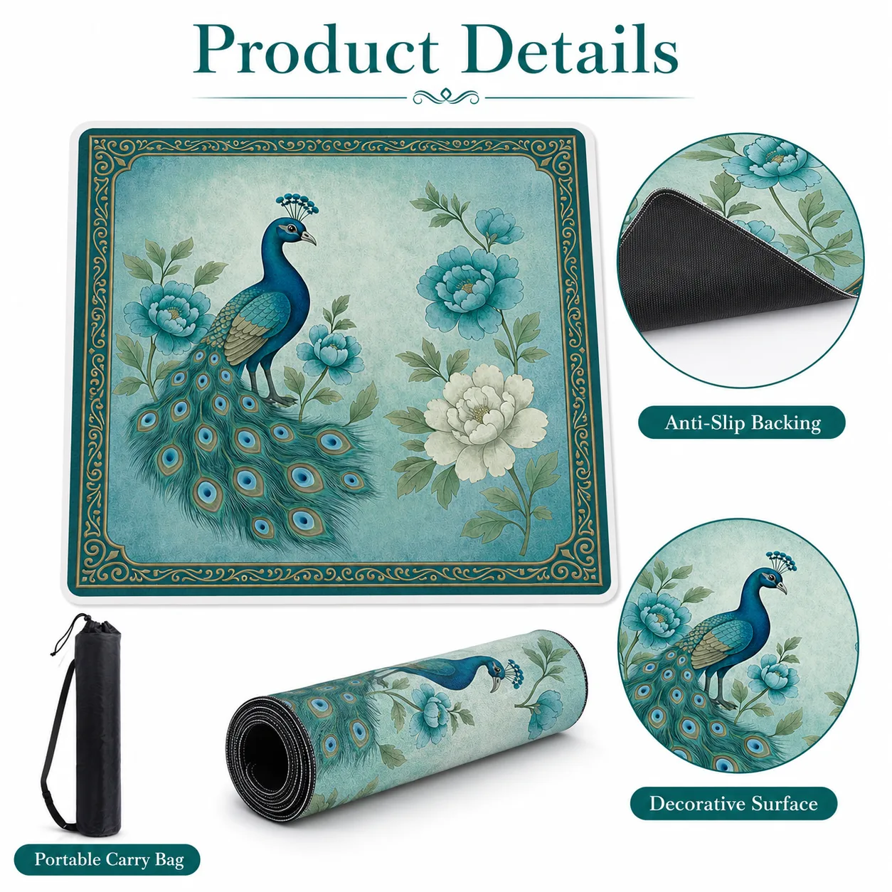 Modern Luxury Floral Peacock Mahjong Table Mat Non detail