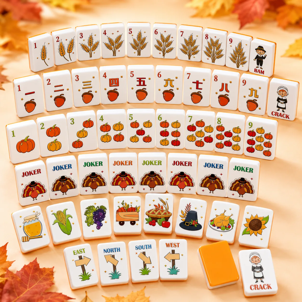 160Pcs American Mahjong Set, Acrylic Thanksgiving Turkey Pumpkin, Pilgrim Acorn Harvest Sunflower, Game Night | OEM Gift