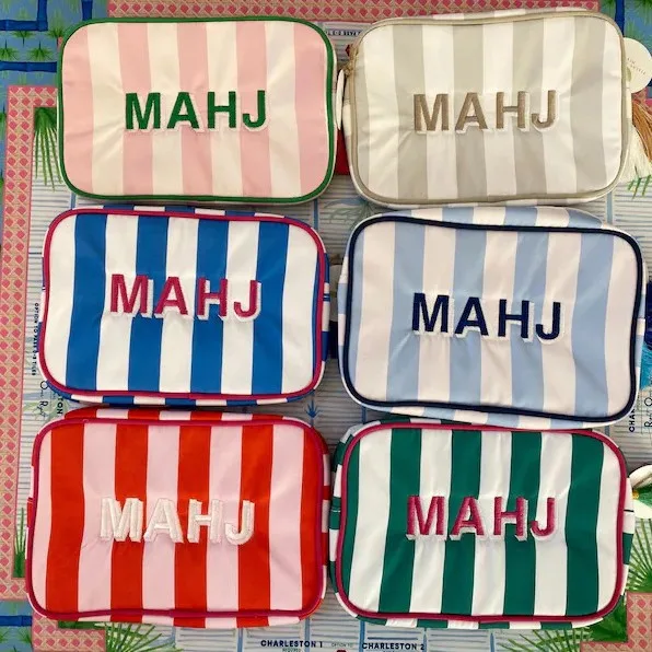 Mahjong Striped Canvas Cosmetic Bag Embroidered MAHJ Zippered Travel Pouch Makeup Organizer Toiletry Bag 6 Colors