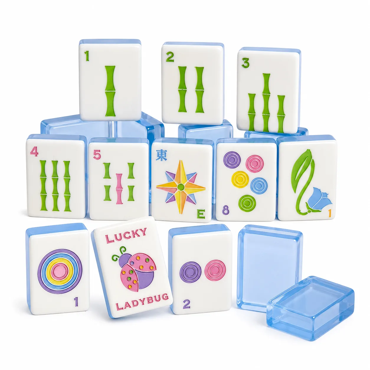 Modern Pastel Ice Blue Transparent Eco-Friendly 4-Player American Mahjong Set Ladybug Floral Compass Pattern Portable Acrylic