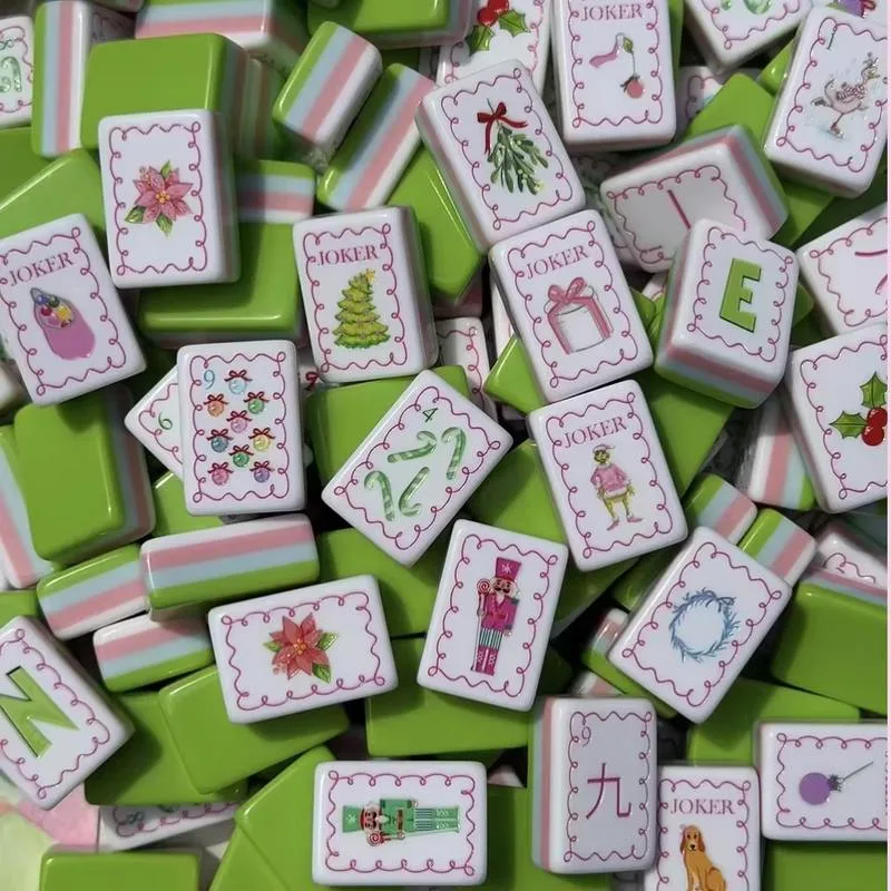 Custom Christmas American Mahjong Tiles 166 Pieces, Holiday Poinsettia Holly Print Acrylic Mahjong Game Set for Gift Resale