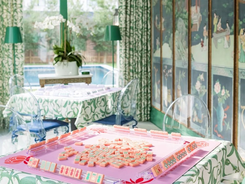 A Pavilion Four mahjong set styled in a styled living room